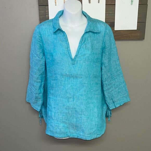 Isaac Mizrahi New York Turquoise V-Neck Linen Pullover Collared Shirt- Small - Picture 1 of 15